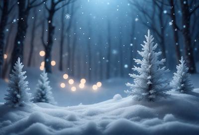 The primary subject of the image is a small, snow-covered Christmas tree. The setting is a snowy forest, with the tree surrounded by a blanket of snow. The visual style is a digital art or illustration, creating a serene and festive atmosphere. The dominant colors are white and blue, with the snowy landscape and the tree's branches adding a touch of green.